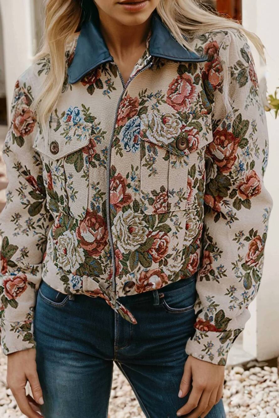 NEW LITTLE DAISY CLOSET the floral print zip up jacket in khaki